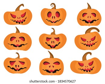Pumpkins for halloween set isolated on white background. Scary and smiling pumpkins. Vector illustration