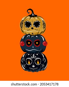 Pumpkins for Halloween, the theme is I don't see, I don't hear, I don't say anything. Day of the dead style. Black color, different faces. día de los muertos