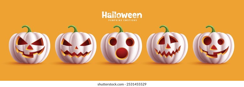 Diseño de conjunto de Vector de halloween de calabazas. Colección blanca de calabaza de Halloween en una expresión facial aterradora, espeluznante y espeluznante para Elementos de calabaza de terror. Ilustración vectorial de calabazas blancas colección.
