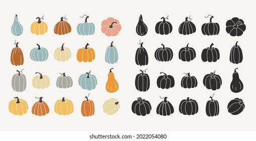 Pumpkins. Hand drawn icons. Colofrul and black and white pumpkins set. Vector