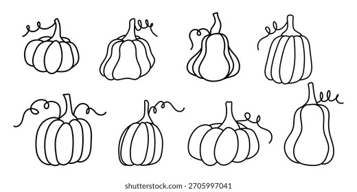 As abóboras desenhadas à mão em estilo simples de contorno preto representam a época de colheita de outono e as celebrações de Halloween perfeitas para elementos de design gráfico e ilustrações decorativas.