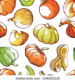 Pumpkins hand drawn vector color seamless pattern. Seasonal vegetables drawings on white background. Autumn harvesting season decorative texture. Gourds wrapping paper, textile, wallpaper design