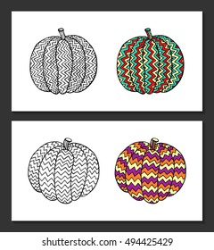 Pumpkins with hand-drawn geometric ornaments. Black-white and colored samples for coloring books for adult, posters, postcards, t-shirt and pillow case prints. EPS 10 vector. Isolated on white.