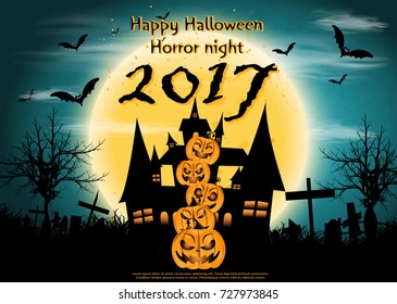 Pumpkins - Happy Halloween Horror night  2017 text -   modern design Idea and Concept  Vector illustration  Infographic template with Castle,tree,grass,moon,
Graves.
