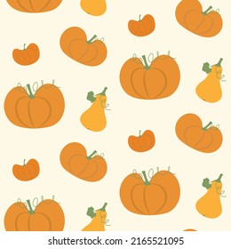 Pumpkins harvest seamless pattern for halloween decoration and postcards. Cute autumn holidays paintings with seasonal veggies