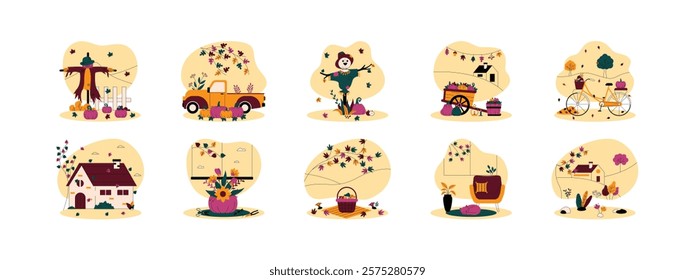 Pumpkins harvested in autumn and decorated for festivals or special events, vector illustration concept.