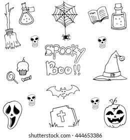 Pumpkins hat skull broom halloween element in doodle illustration