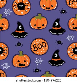 pumpkins, hats, spiders on a purple background