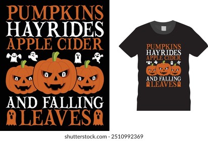 Calabazas Hayrides sidra de manzana y hojas caídas divertida camiseta de otoño, diseño único, colorido, llamativo y de alta calidad "feliz Halloween" camiseta. 

