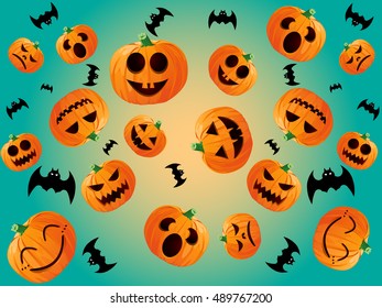 Pumpkins head and bats halloween pattern vector illustration.