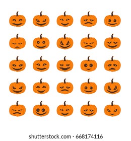 Pumpkins Head Halloween Many emotions Set of silhouette spooky horror images of pumpkins. Scary Jack-o-lantern facial expressions Illustration.