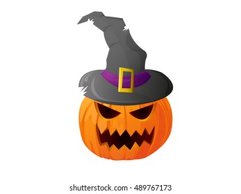Pumpkins head and witch hat halloween. Vector illustration.