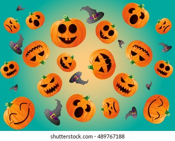 Pumpkins head and witch hat halloween pattern vector illustration.