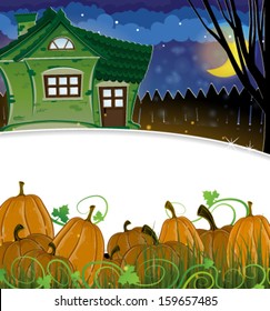  Pumpkins and house with glowing windows. Halloween night scene  