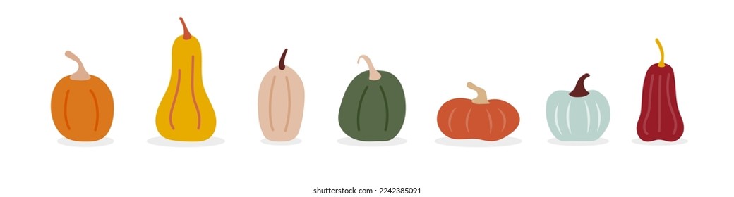 Pumpkins icon set. Different colors, sizes and measurements. Autumn inspiration. Horizontal banner. Vector illustration, flat design