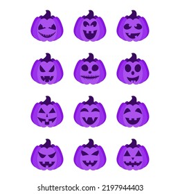 Pumpkins icon set. Halloween pumpkins with scary face. Halloween pumpkin lanterns isolated on white background. Template for banner, poster, party invitation. Jack-o'-lantern. Vector illustration