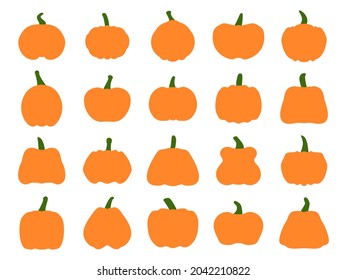 Pumpkins icon set isolated on white background. A collection of pumpkins of different shapes and sizes. Design element for banners and posters, greeting cards. Vector illustration