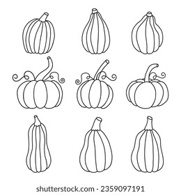 Pumpkins icons set. Hand drawn doodle coloring. Line vector illustration