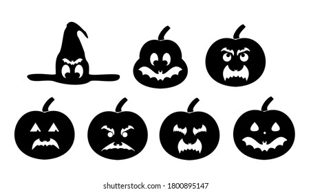 Pumpkins icons. Vector black halloween pumpkin silhouette set isolated on white background. Set of emoticon pumpkins.