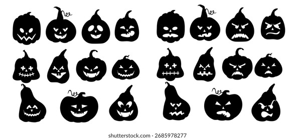 Pumpkins icons. Vector black halloween pumpkin silhouette set isolated on white background. Set of emoticon pumpkins.