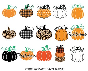 Pumpkins illustrations, autumn vector t-shirts designs, different pumpkins 