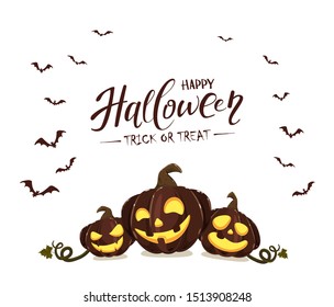 Pumpkins isolated on white background with text Happy Halloween. Card with Jack' O Lanterns and bats. Illustration can be used for children's holiday or clothing design, cards, invitations, banners.