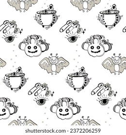 Pumpkins jacks, bats and witches cauldron seamless vector pattern. Contour print for Halloween.