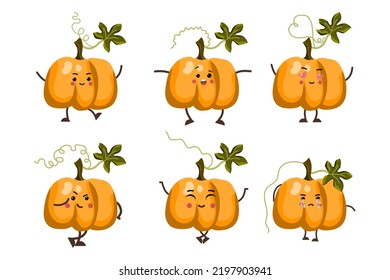 Pumpkins in kawaii style. Cartoon fruits with emotions.