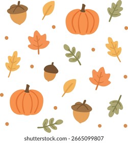 Pumpkins, leaves, acorns, autumn, pattern, print, flat illustration