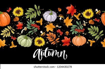Pumpkins, leaves, acorns with handwritten inscription "Autumn". Vector illustrations for posters, postcards, invitations and more.