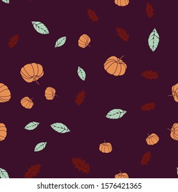 Pumpkins and leaves all around, in an autumn atmosphere. Warm colors and cute hand-drawings 