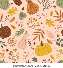 Pumpkins and leaves. Autumn print. Hand drawing. Simple pattern. Vector illustration