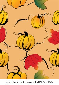 Pumpkins with leaves in autumn, seamless background, vector illustration, doodle drawing style