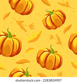 Pumpkins and leaves, autumn seasonal foliage and flowers with stems. Traditional vegetable ingredient, farm and growing agriculture. Seamless pattern, print or background. Vector in flat style