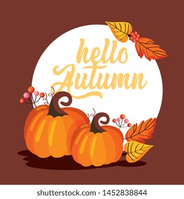 pumpkins with leaves falling autumn on label. Vector background