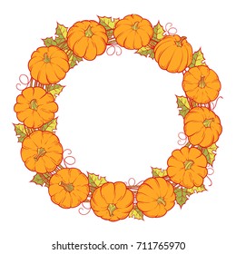 Pumpkins and Leaves Hand Drawn Wreath