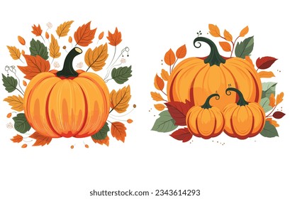 calabazas con icono de hojas , ilustración de vector plano aislado sobre fondo blanco, calabaza con hojas verdes dulces
