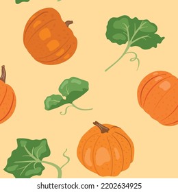 Calabazas y hojas sobre fondo beige sin fisuras. Ilustración vectorial dibujada a mano. Adecuado para el fondo web, papel regalo, tela o textil.