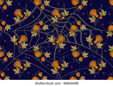 Pumpkins and leaves on a dark background. Background. Wallpaper