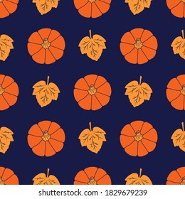 Pumpkins and leaves on deep blue color background. Seamless vector pattern. Fall illustrations for creative decorations, postcards, banners, gift paper, modern prints, fabrics, textiles. Top view.