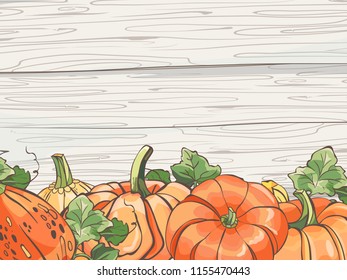 Pumpkins with leaves on wood background. Vector illustration