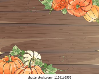 Pumpkins with leaves on wood background. Vector illustration. 