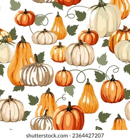 Pumpkins with leaves. Seamless pattern on a transparent background. Vector illustration.