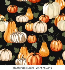 Pumpkins with leaves. Seamless pattern on a dark gray background. Vector illustration.