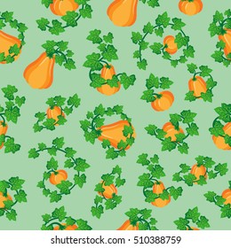 Pumpkins and leaves. Seamless pattern. Vector illustration.