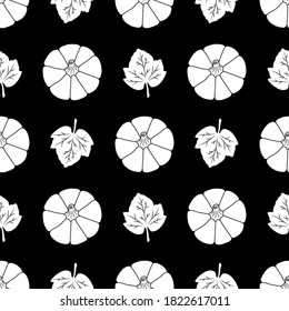 Pumpkins with leaves. Seamless vector pattern. White elements on a black background. Autumn illustration for decorations, cards, banners, wrappings, prints, fabrics, wrapping papers, textiles, others.