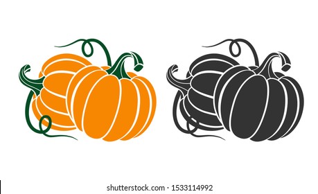 Pumpkins with leaves, silhouette on white background. Vector illustration for Autumn harvest, Harvest Festival or Thanksgiving Day. Environmentally friendly Vegetables. Vector Illustration.