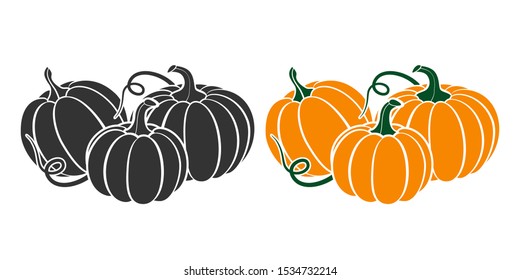 Pumpkins with leaves, silhouette on white background. Vector illustration for Autumn harvest, Harvest Festival or Thanksgiving Day. Environmentally friendly Vegetables. Vector Illustration.