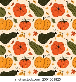 Pumpkins and leaves vector seamless pattern design. Autumn, fall season harvest illustration in flat cartoon retro groovy funky style for Thanksgiving holiday celebration, wrapping paper, background