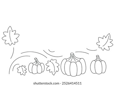 Pumpkins, leaves and vines on white background. Nice horizontal border for Thanksgiving day card or Halloween docoratoin, harvest festival or other use. Vector illustration. Not AI created. 